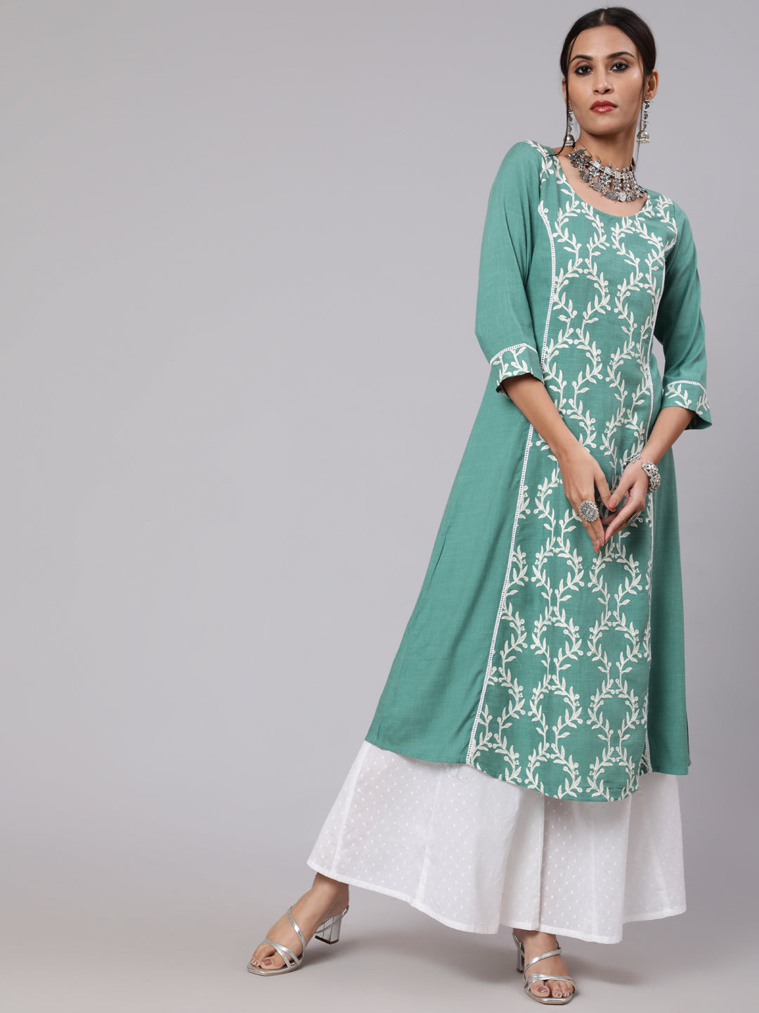 Green Embroidered A-Line Kurta - Elganza