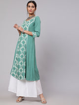 Green Embroidered A-Line Kurta - Elganza