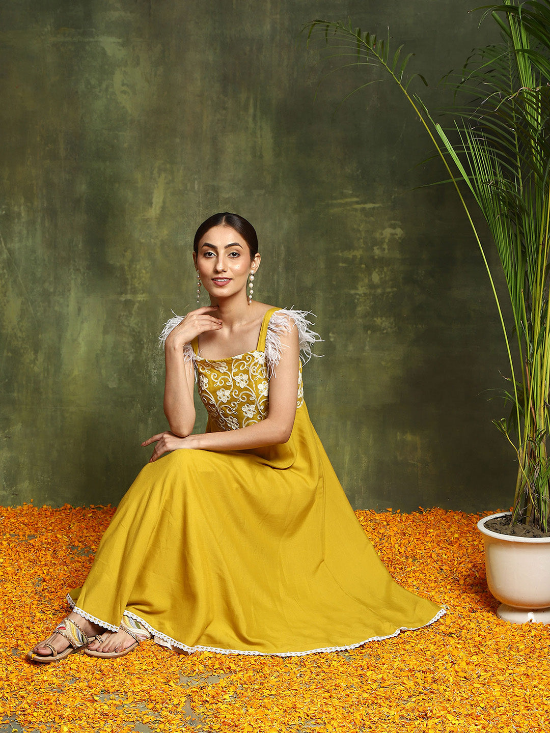 Yellow Embroidered A-Line Kurta
