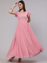 Pink Mirror Work Flared Maxi Dress - Elganza