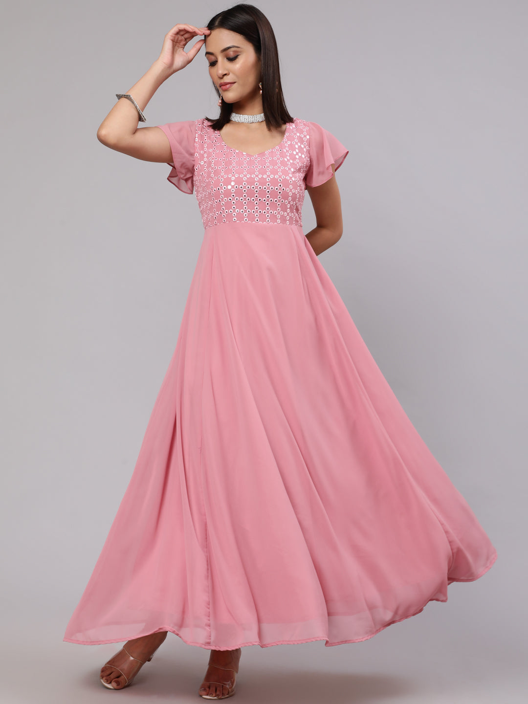 Pink Mirror Work Flared Maxi Dress - Elganza