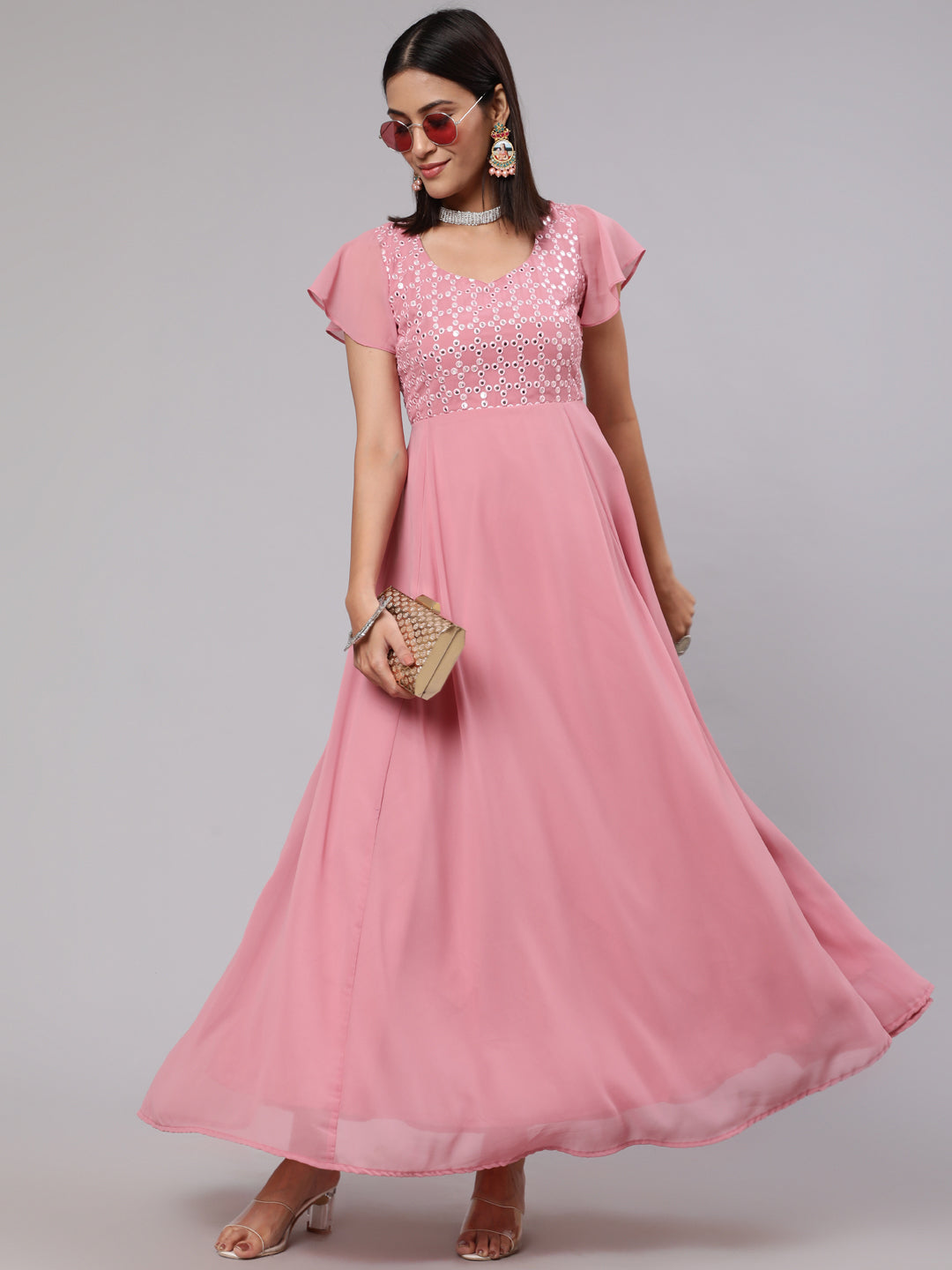 Pink Mirror Work Flared Maxi Dress - Elganza