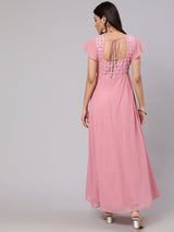 Pink Mirror Work Flared Maxi Dress - Elganza