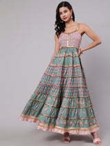 Light Blue & Pink Floral Printed Tiered Dress With Lace Details - Elganza