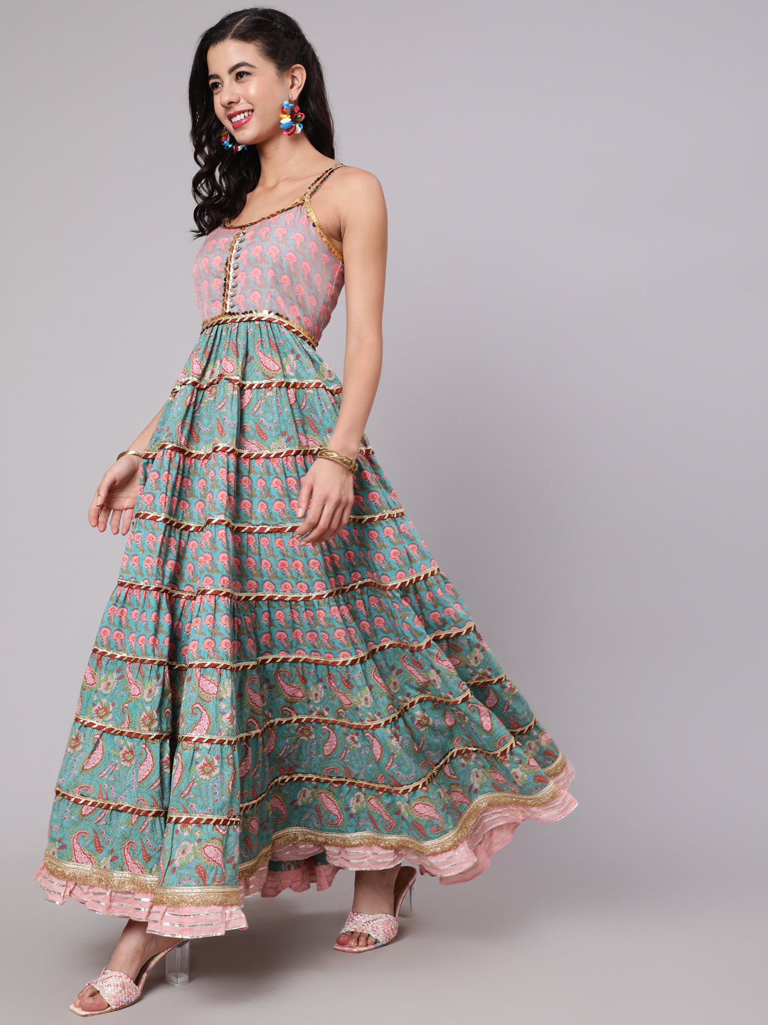 Light Blue & Pink Floral Printed Tiered Dress With Lace Details - Elganza