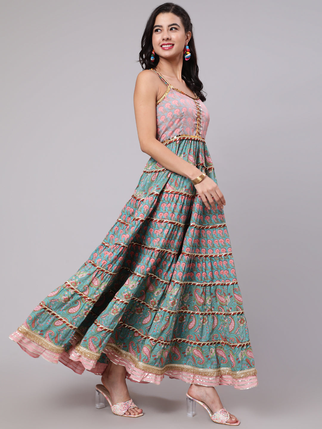 Light Blue & Pink Floral Printed Tiered Dress With Lace Details - Elganza