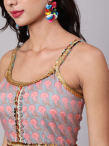 Light Blue & Pink Floral Printed Tiered Dress With Lace Details - Elganza