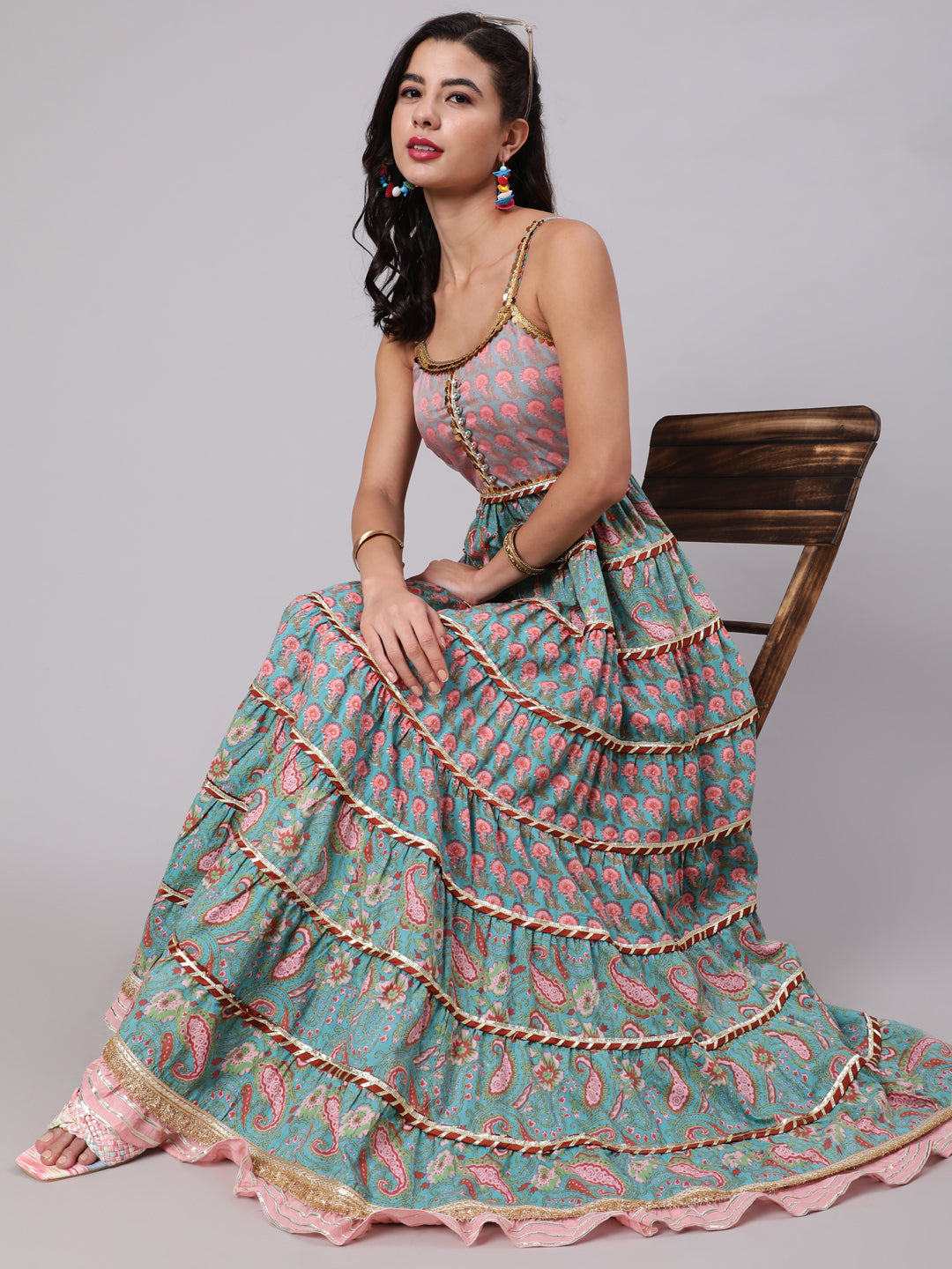 Light Blue & Pink Floral Printed Tiered Dress With Lace Details - Elganza