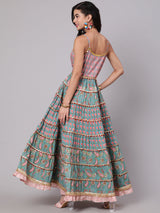Light Blue & Pink Floral Printed Tiered Dress With Lace Details - Elganza