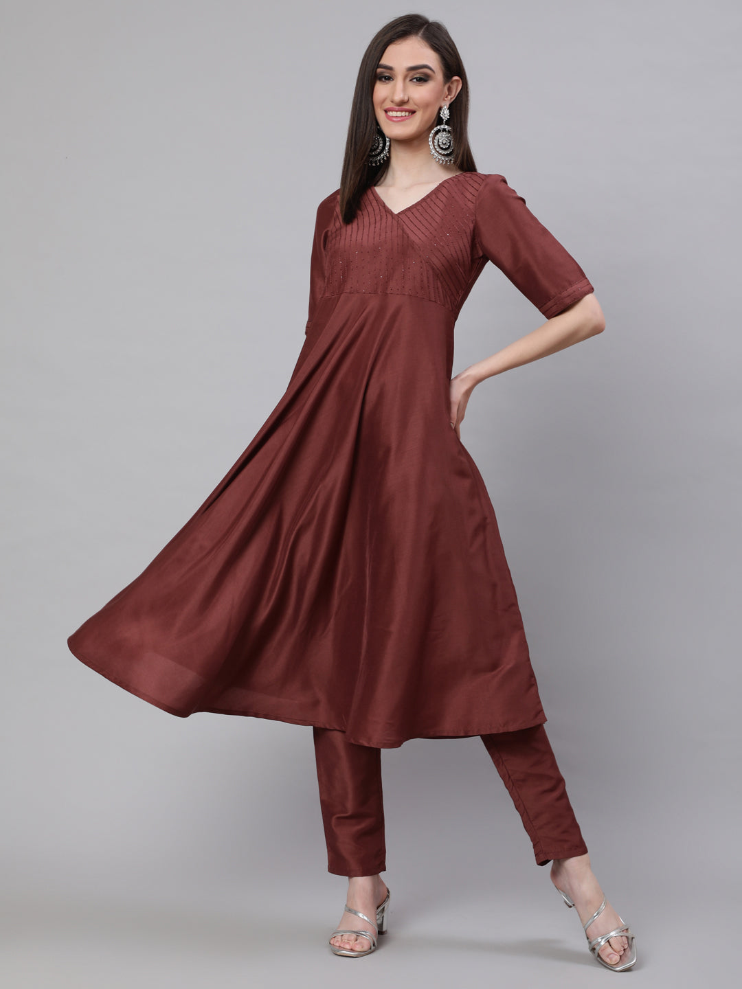 Brown Sequined Yoke Anarkali - Elganza