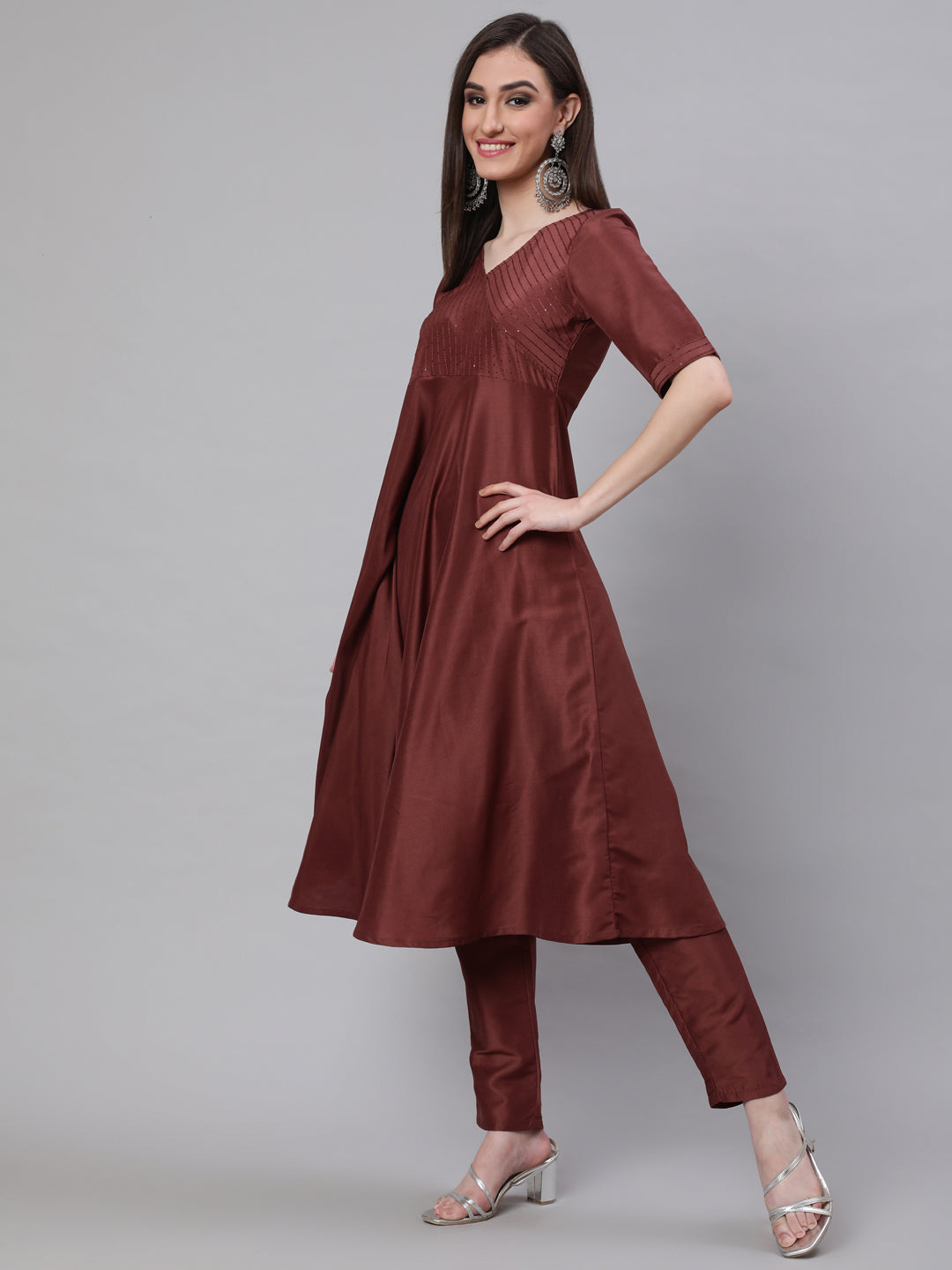 Brown Sequined Yoke Anarkali - Elganza