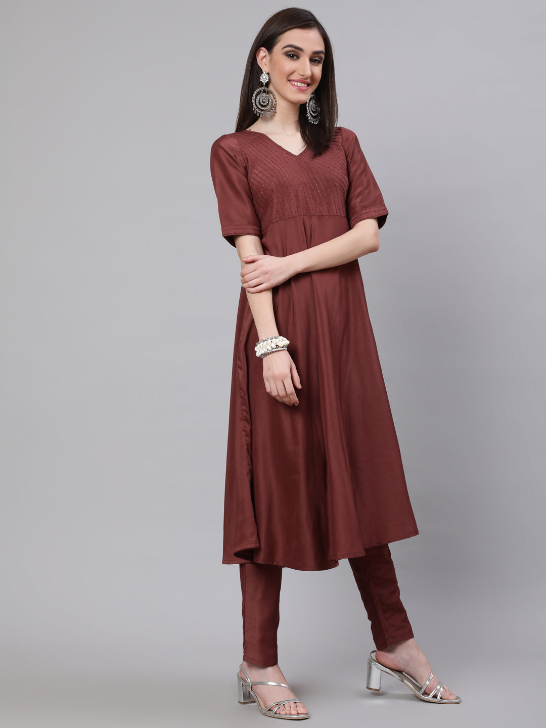 Brown Sequined Yoke Anarkali - Elganza