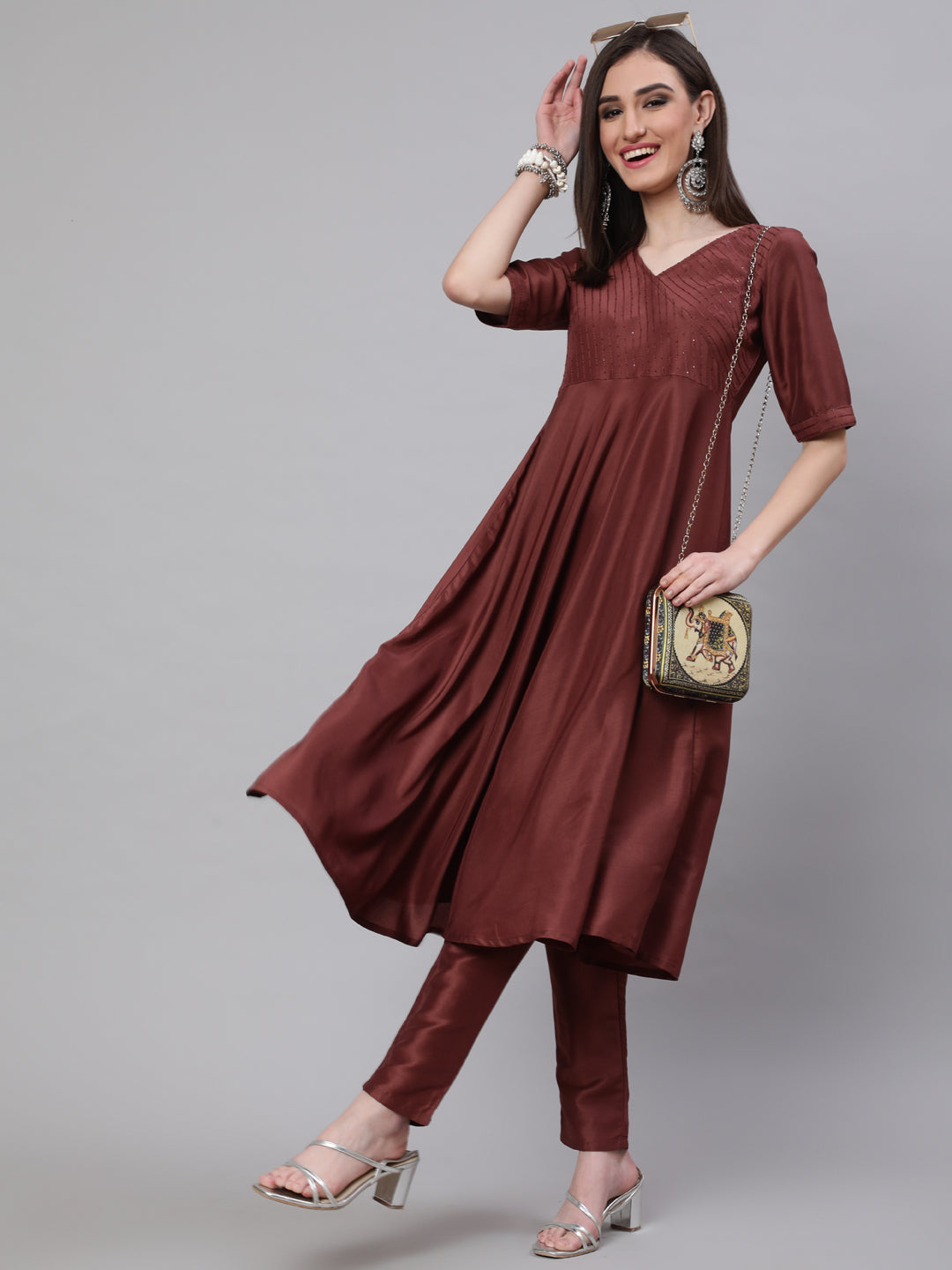 Brown Sequined Yoke Anarkali - Elganza