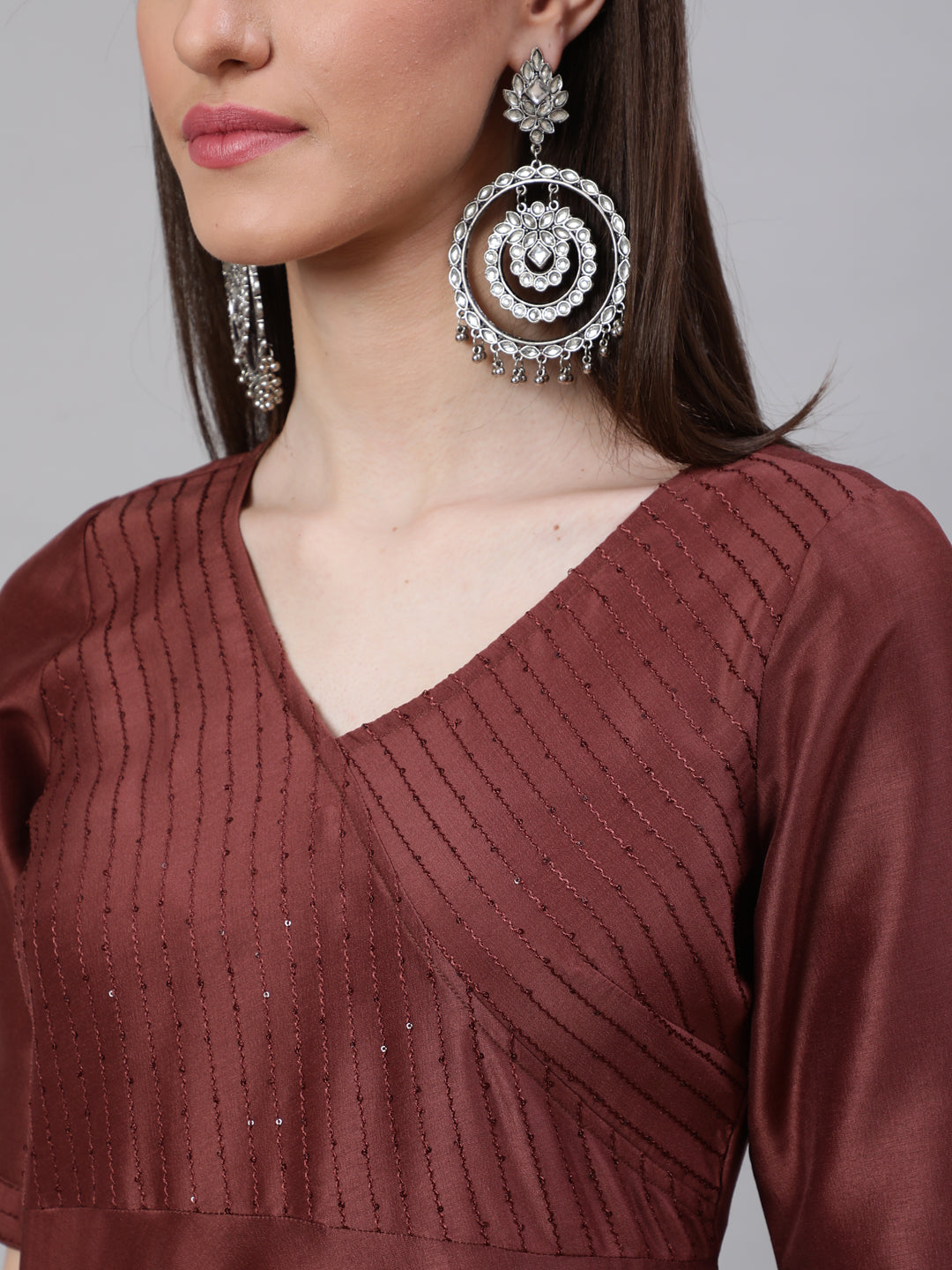 Brown Sequined Yoke Anarkali - Elganza