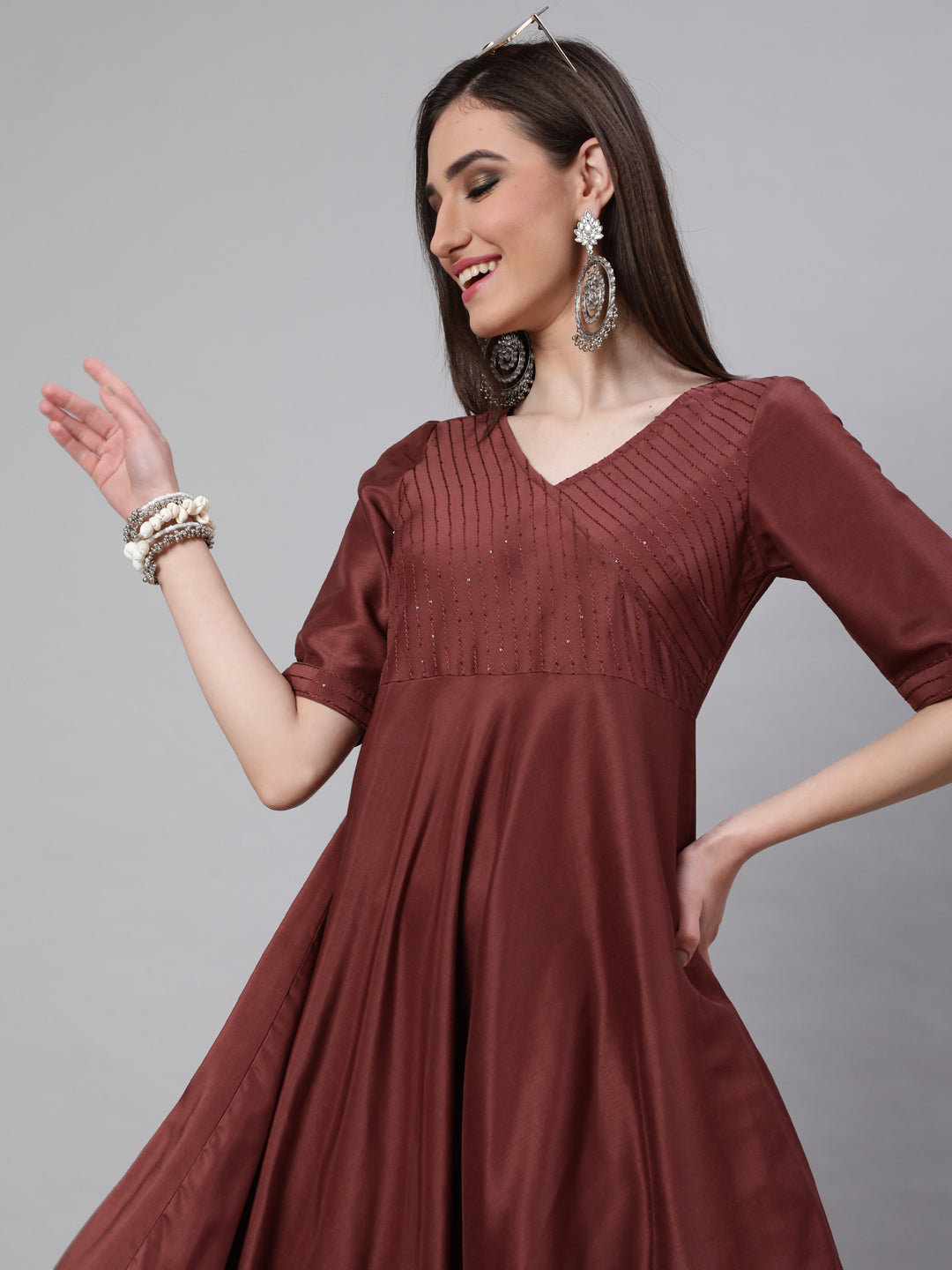 Brown Sequined Yoke Anarkali - Elganza