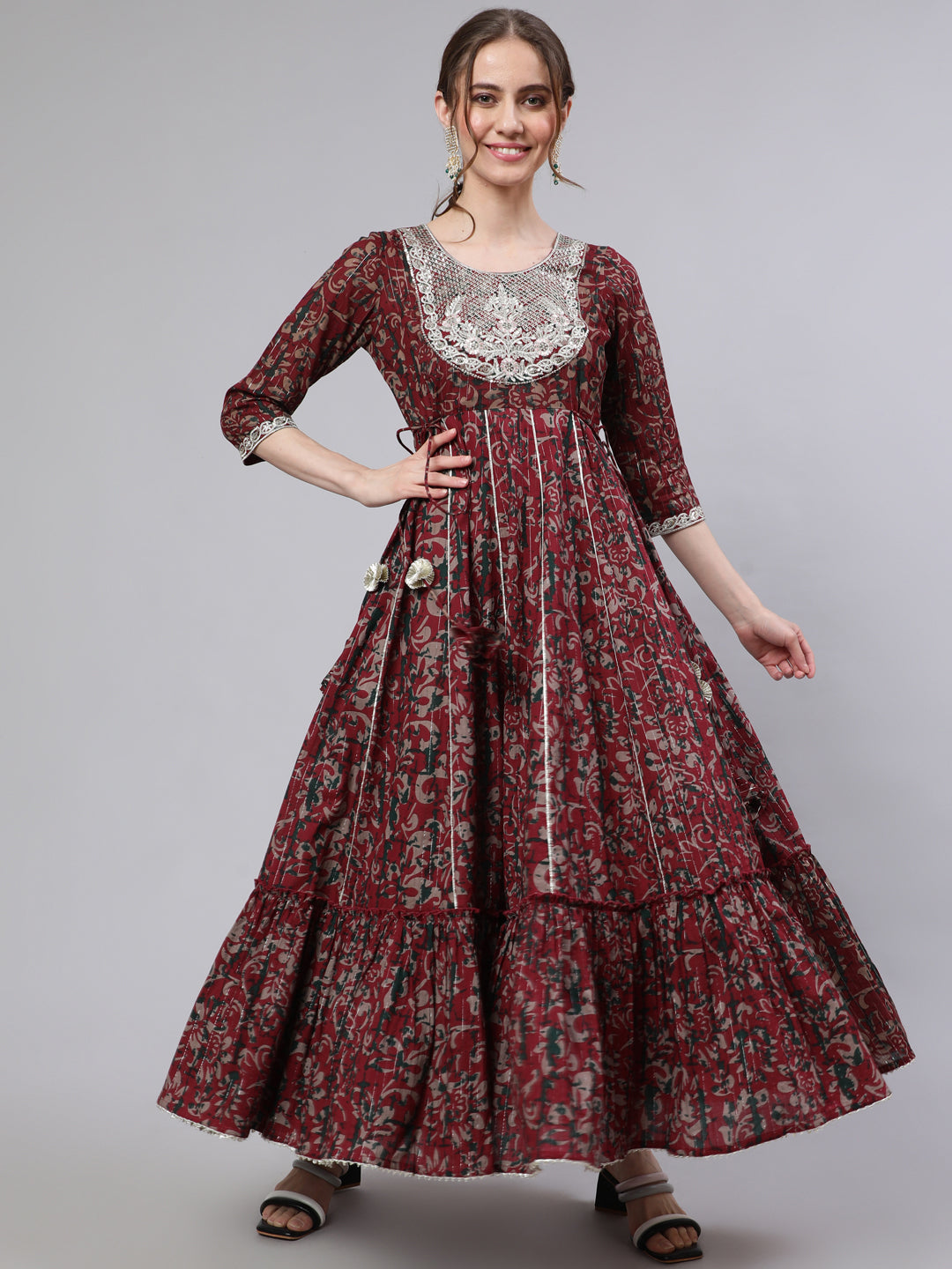 Maroon Floral Print Cotton Maxi Dress with Lace Yoke Detail