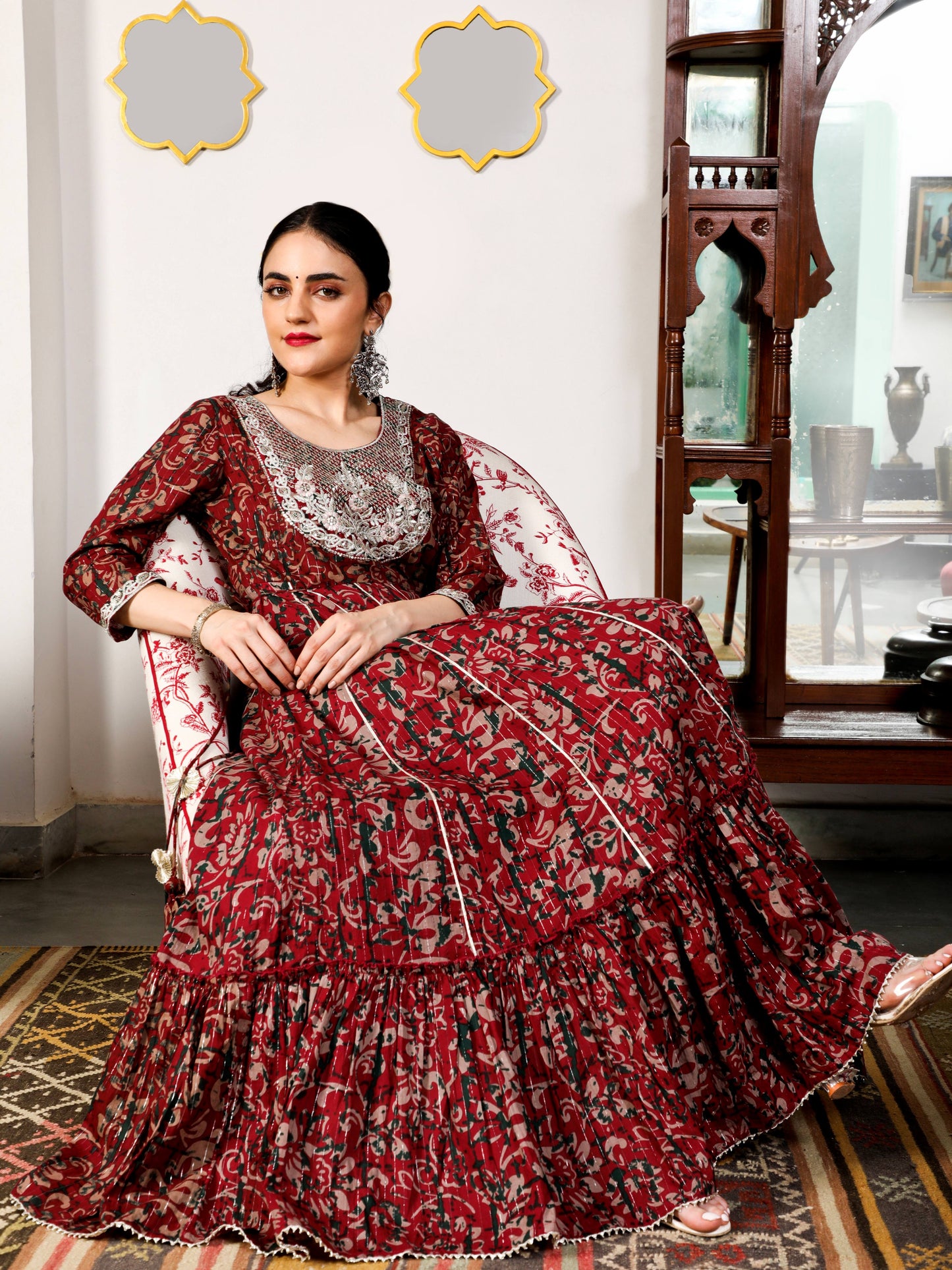 Maroon Floral Print Cotton Maxi Dress with Lace Yoke Detail
