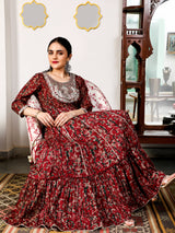Maroon Floral Print Cotton Maxi Dress with Lace Yoke Detail
