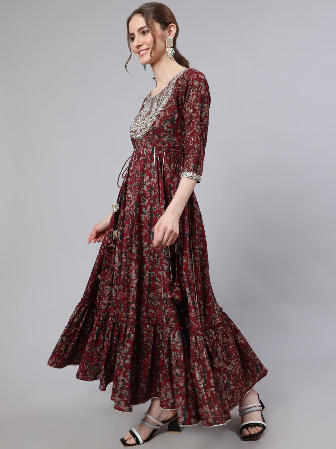 Maroon Floral Print Cotton Maxi Dress with Lace Yoke Detail