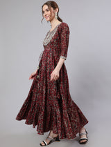 Maroon Floral Print Cotton Maxi Dress with Lace Yoke Detail