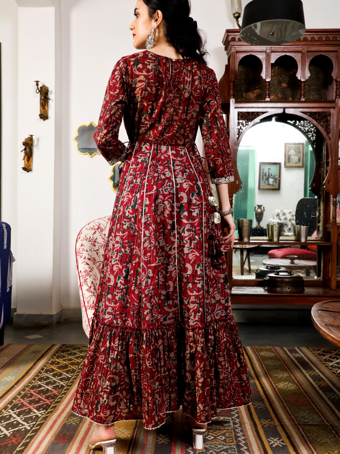 Maroon Floral Print Cotton Maxi Dress with Lace Yoke Detail