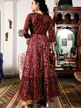 Maroon Floral Print Cotton Maxi Dress with Lace Yoke Detail