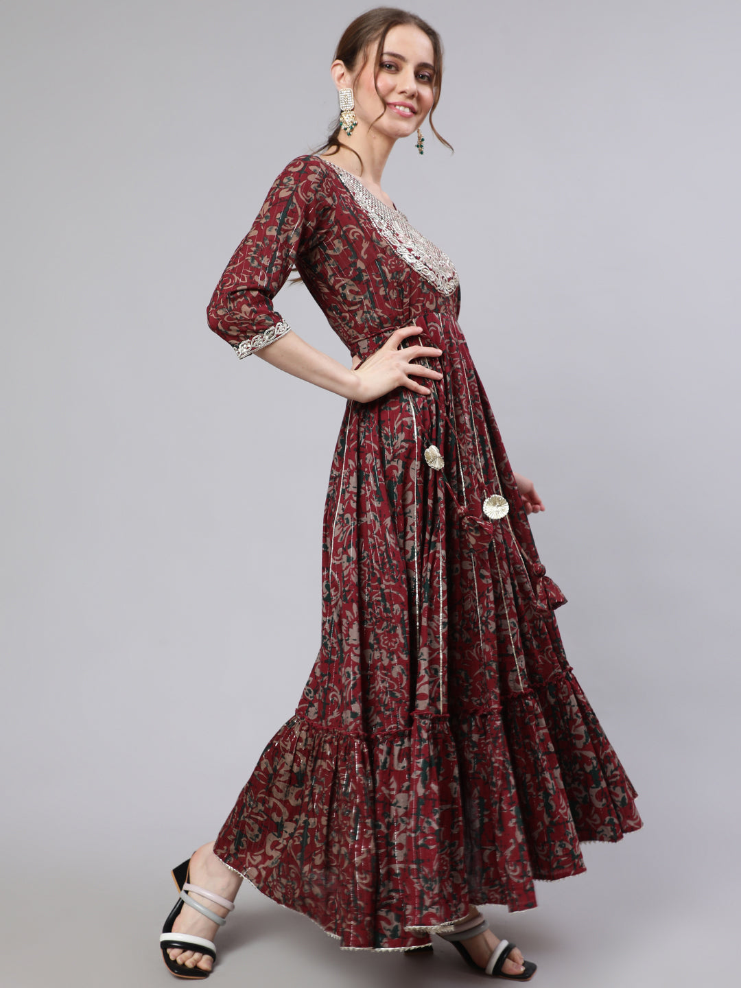 Maroon Floral Print Cotton Maxi Dress with Lace Yoke Detail