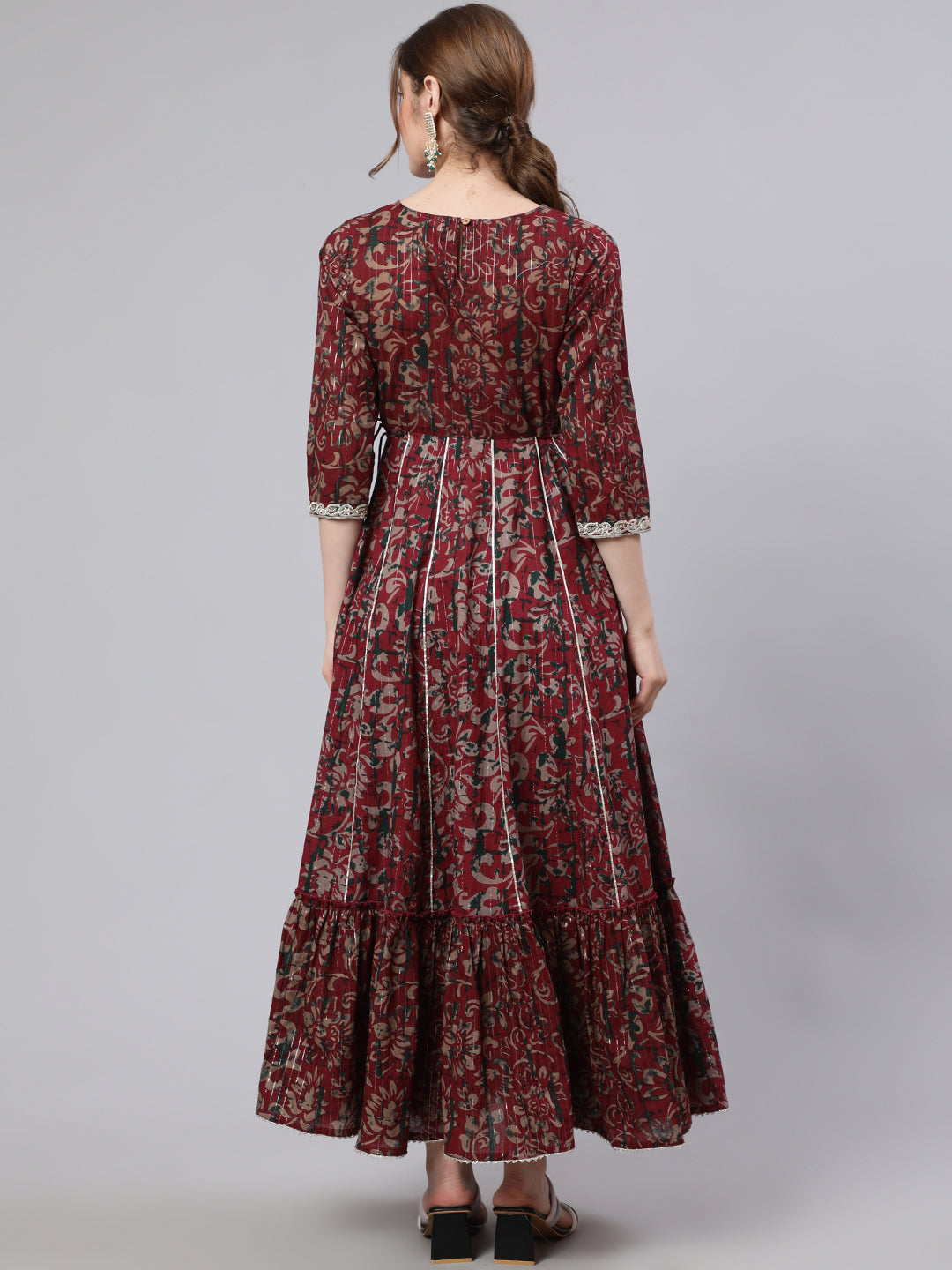Maroon Floral Print Cotton Maxi Dress with Lace Yoke Detail
