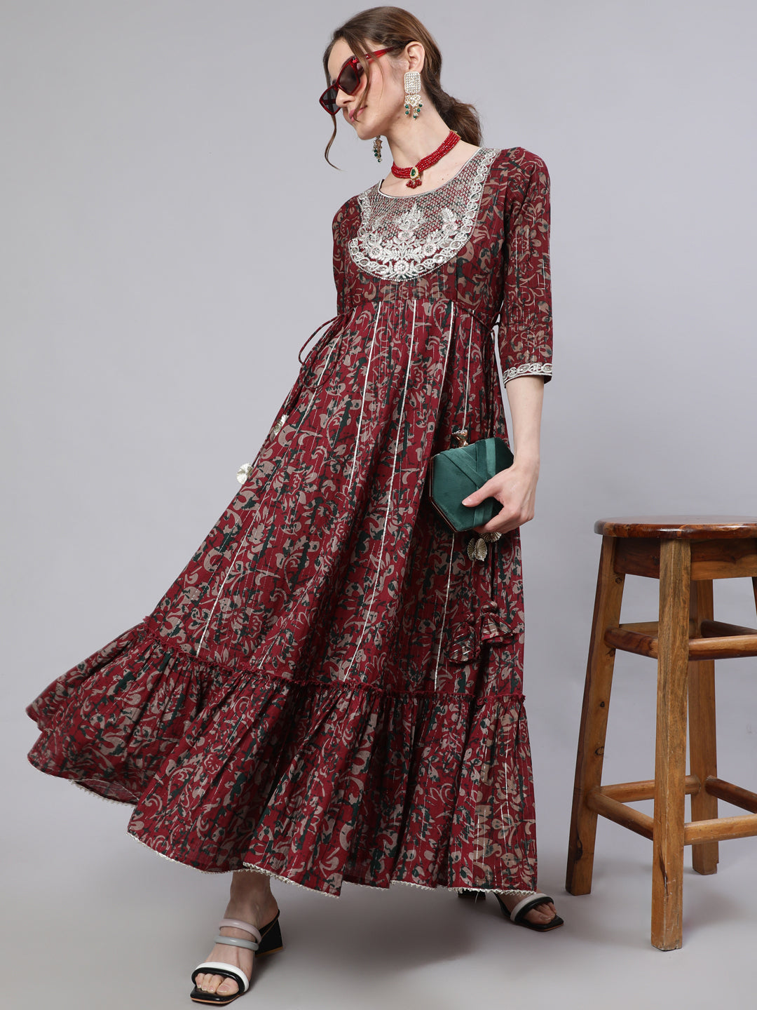 Maroon Floral Print Cotton Maxi Dress with Lace Yoke Detail