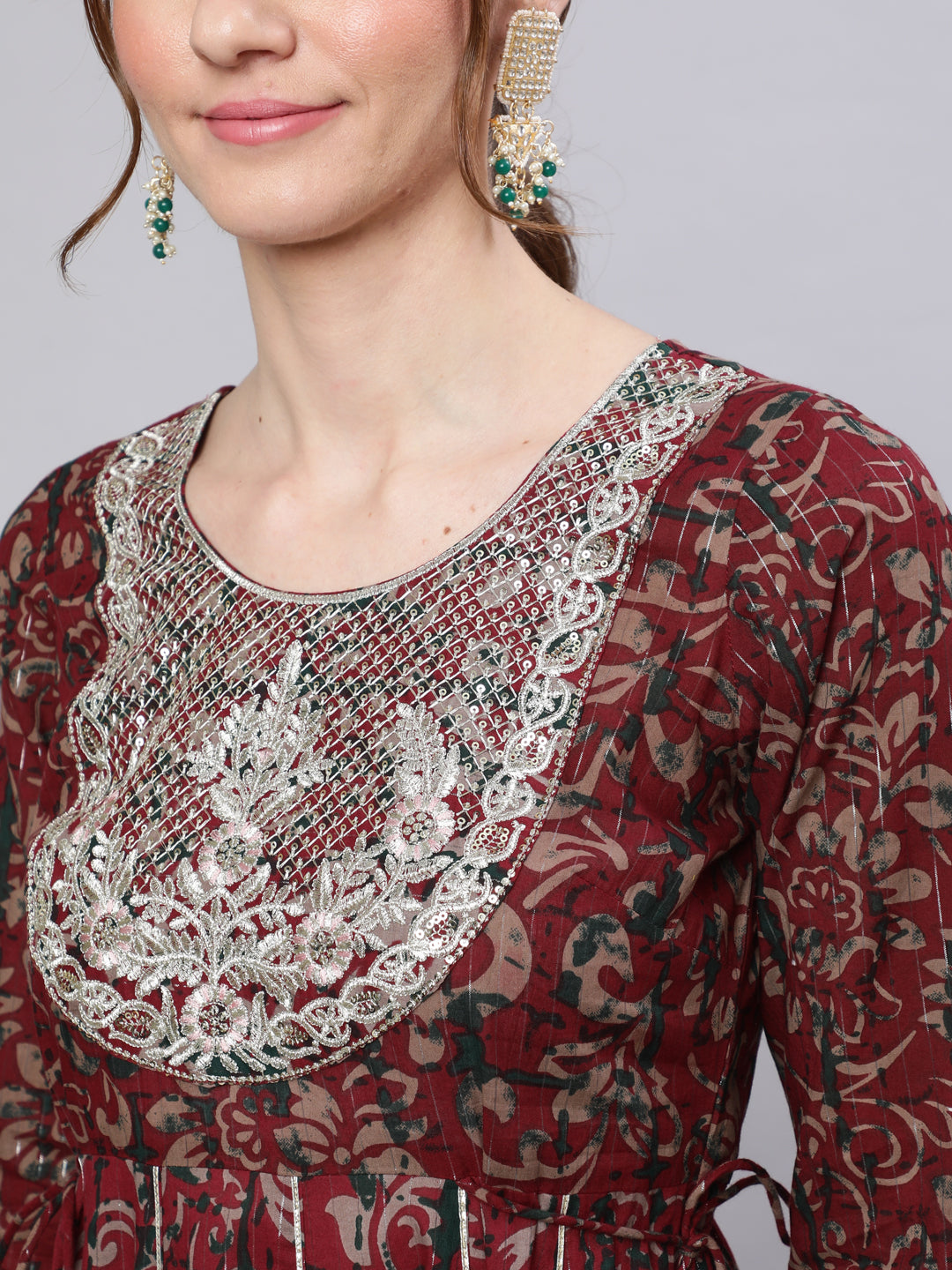 Maroon Floral Print Cotton Maxi Dress with Lace Yoke Detail
