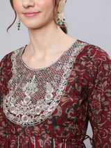 Maroon Floral Print Cotton Maxi Dress with Lace Yoke Detail