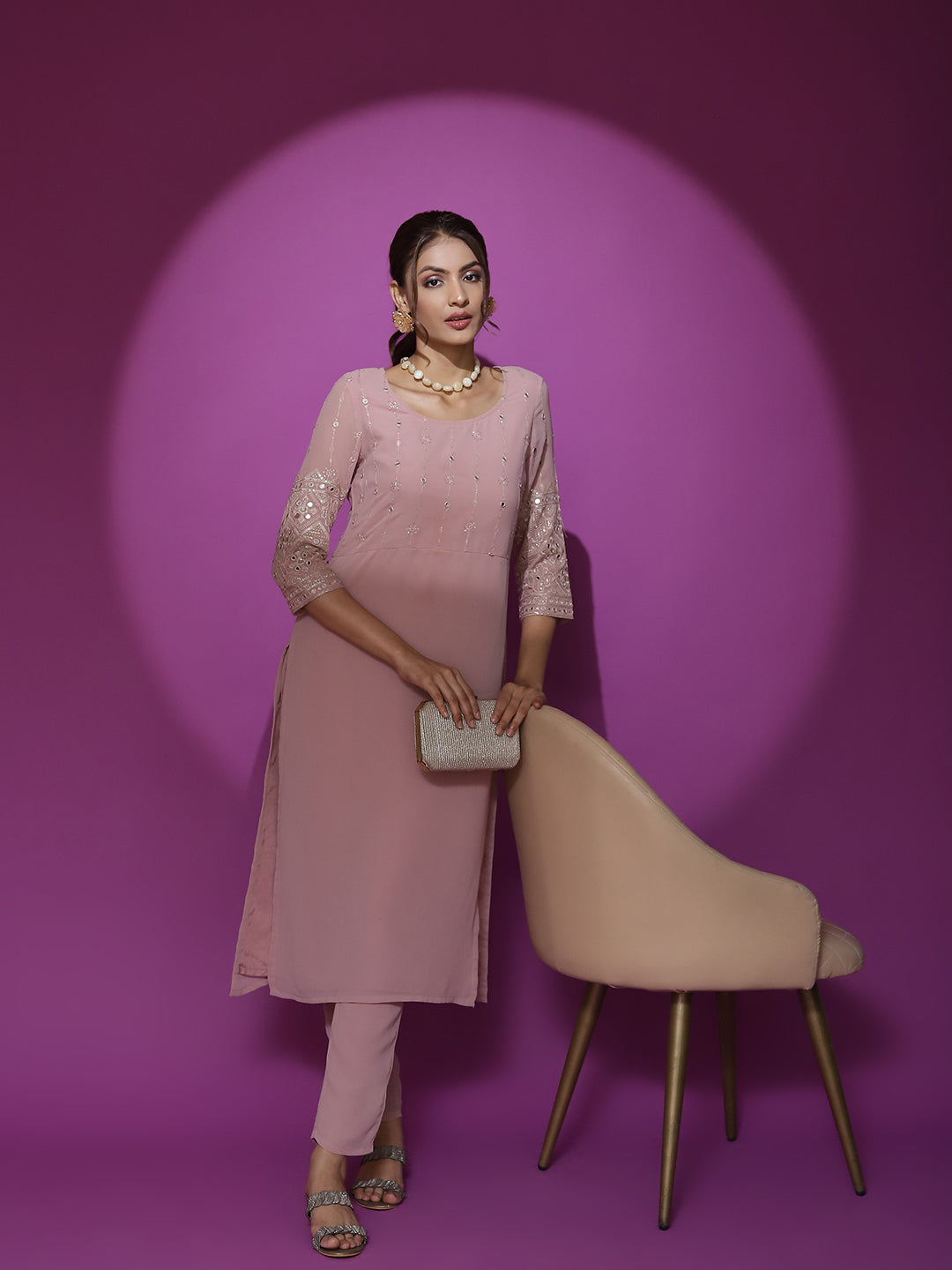 Pink Embroidered Kurta - Elganza
