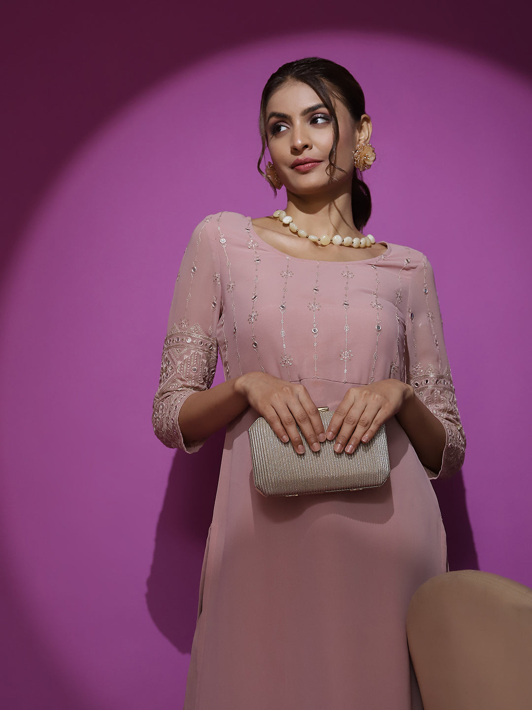 Pink Embroidered Kurta - Elganza