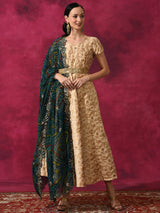 Beige Flared Maxi Dress With Dupatta - Elganza