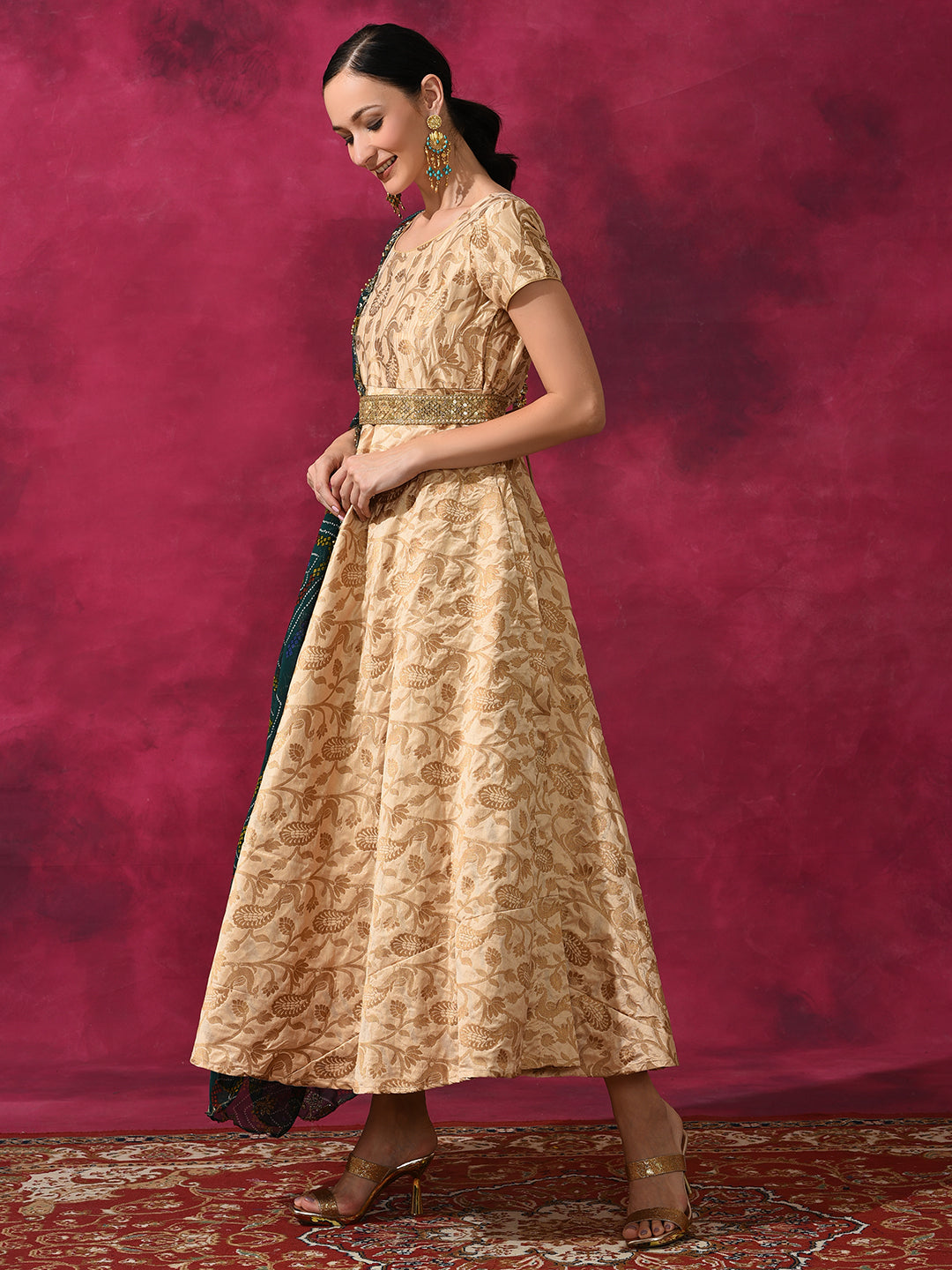 Beige Flared Maxi Dress With Dupatta - Elganza