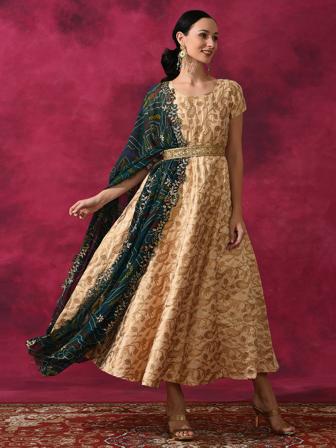 Beige Flared Maxi Dress With Dupatta - Elganza