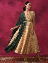 Beige Flared Maxi Dress With Dupatta - Elganza
