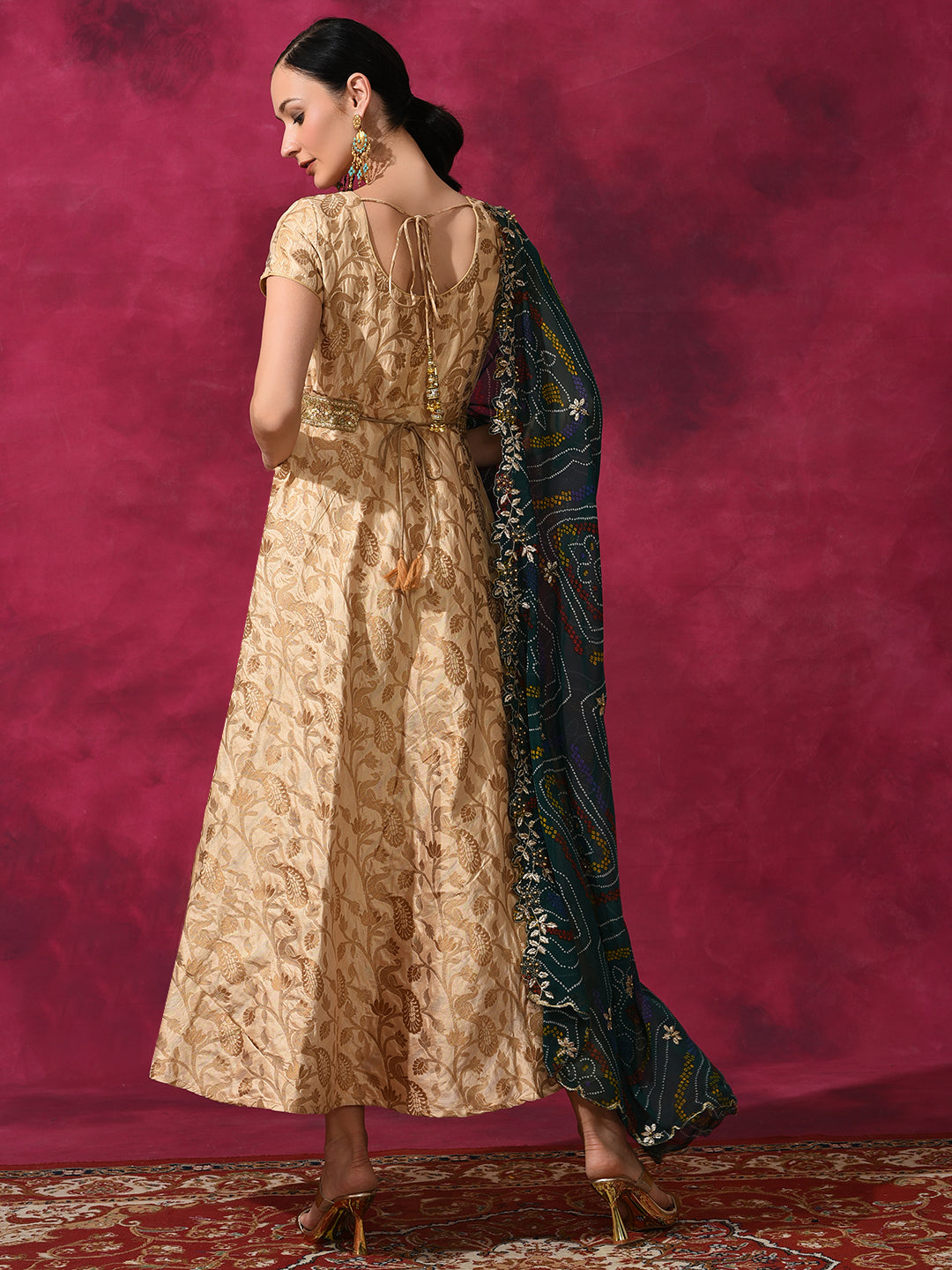 Beige Flared Maxi Dress With Dupatta - Elganza