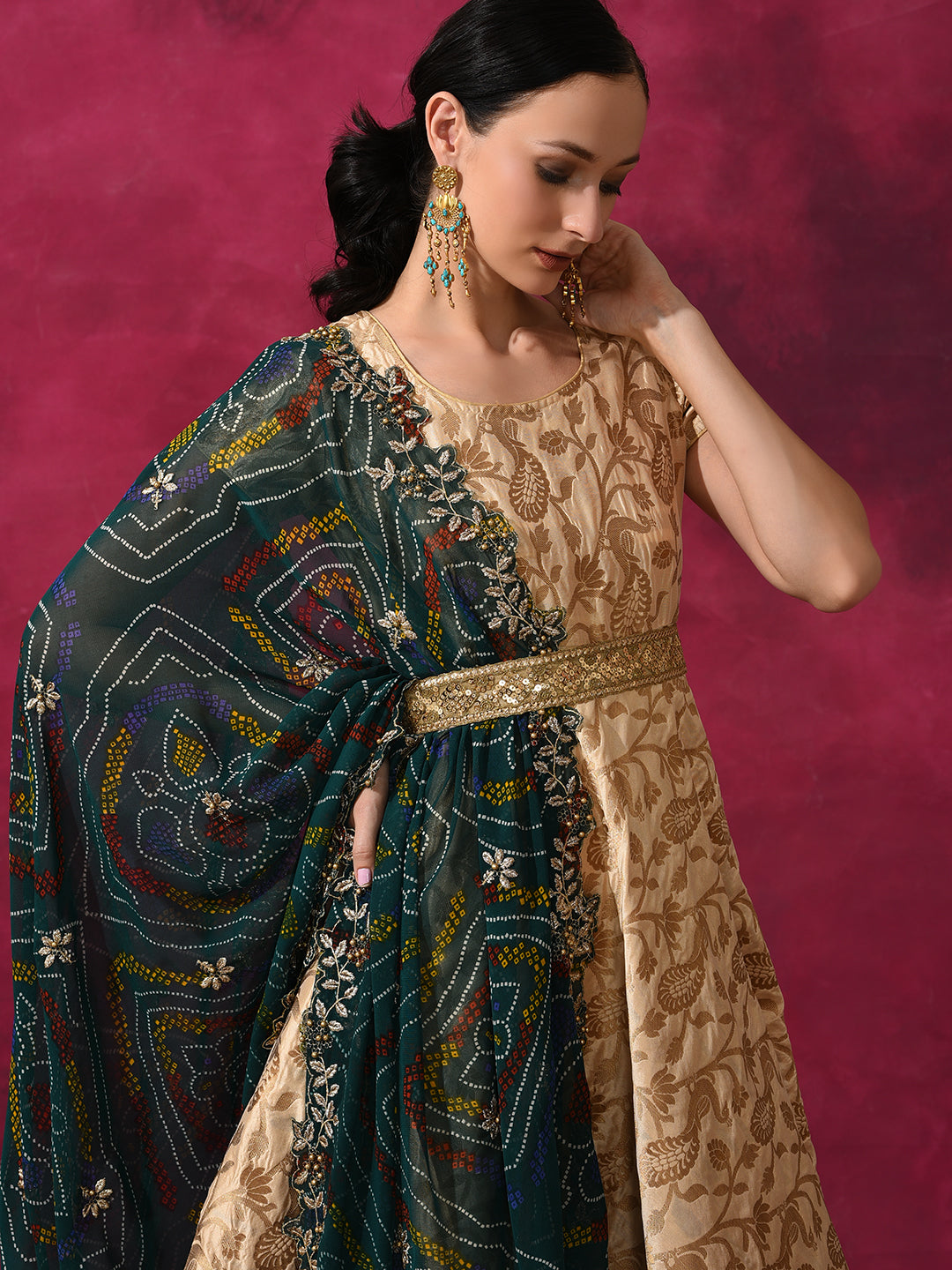 Beige Flared Maxi Dress With Dupatta - Elganza