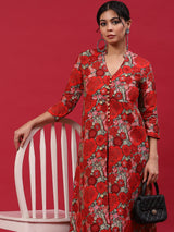 Red Floral Print A-Line Kurta - Elganza