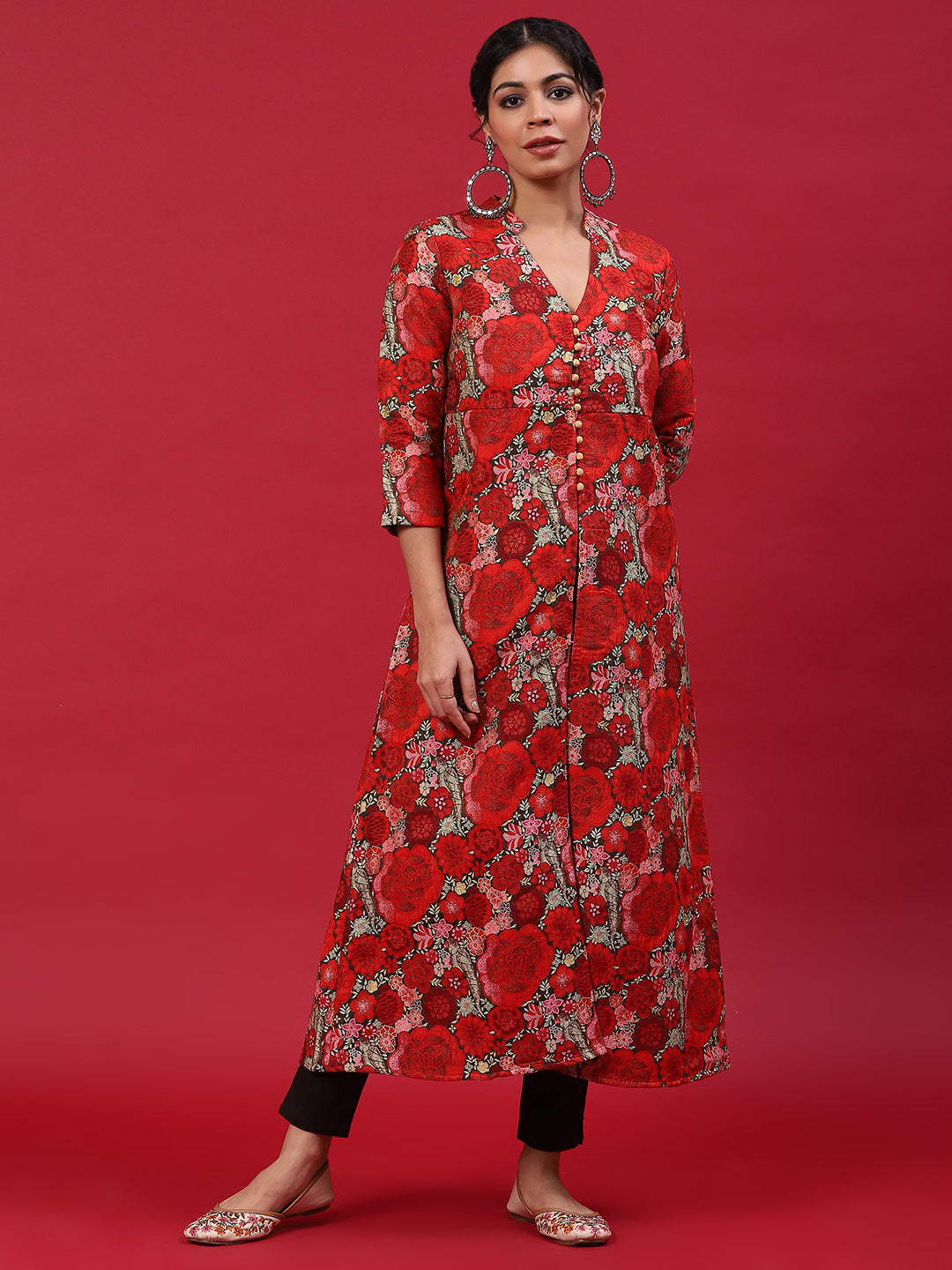 Red Floral Print A-Line Kurta - Elganza