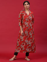 Red Floral Print A-Line Kurta - Elganza