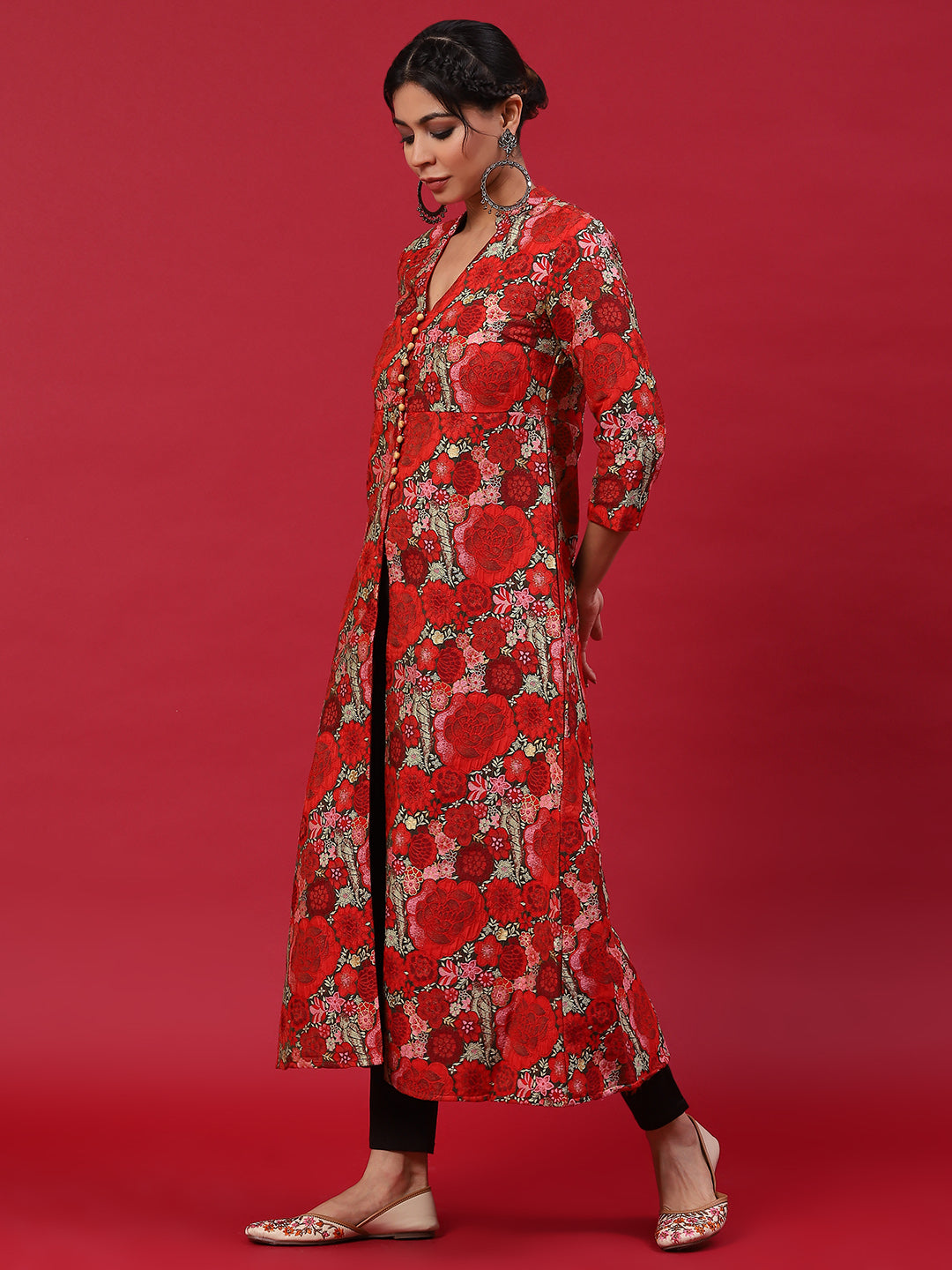 Red Floral Print A-Line Kurta - Elganza