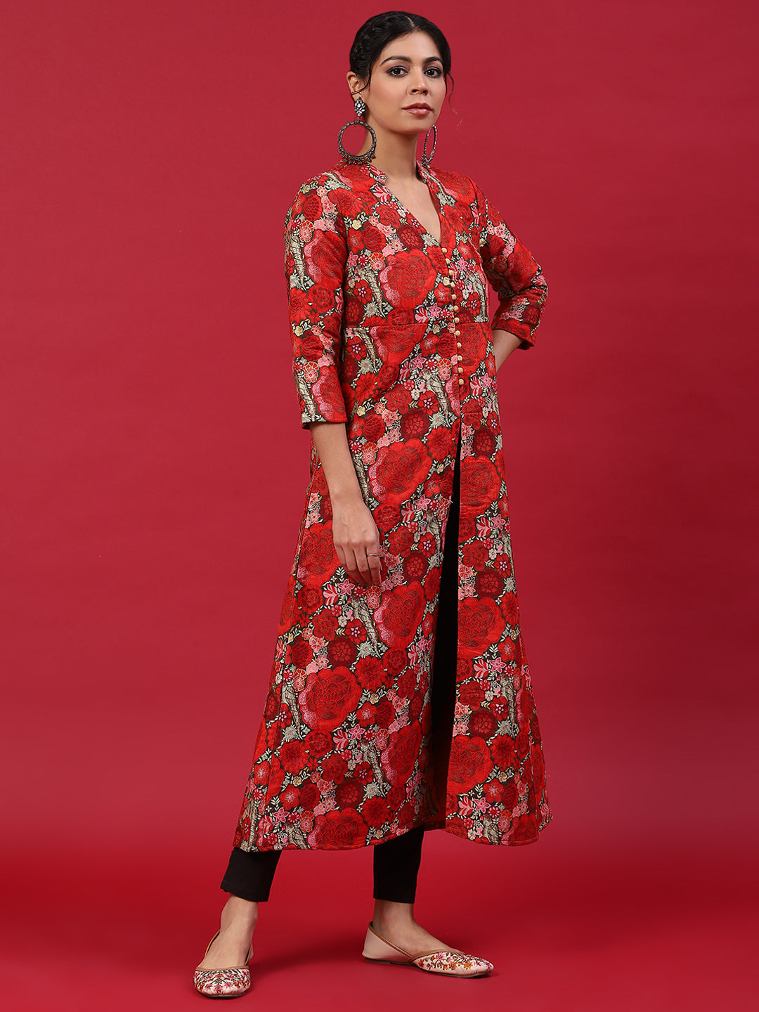 Red Floral Print A-Line Kurta - Elganza