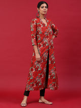 Red Floral Print A-Line Kurta - Elganza