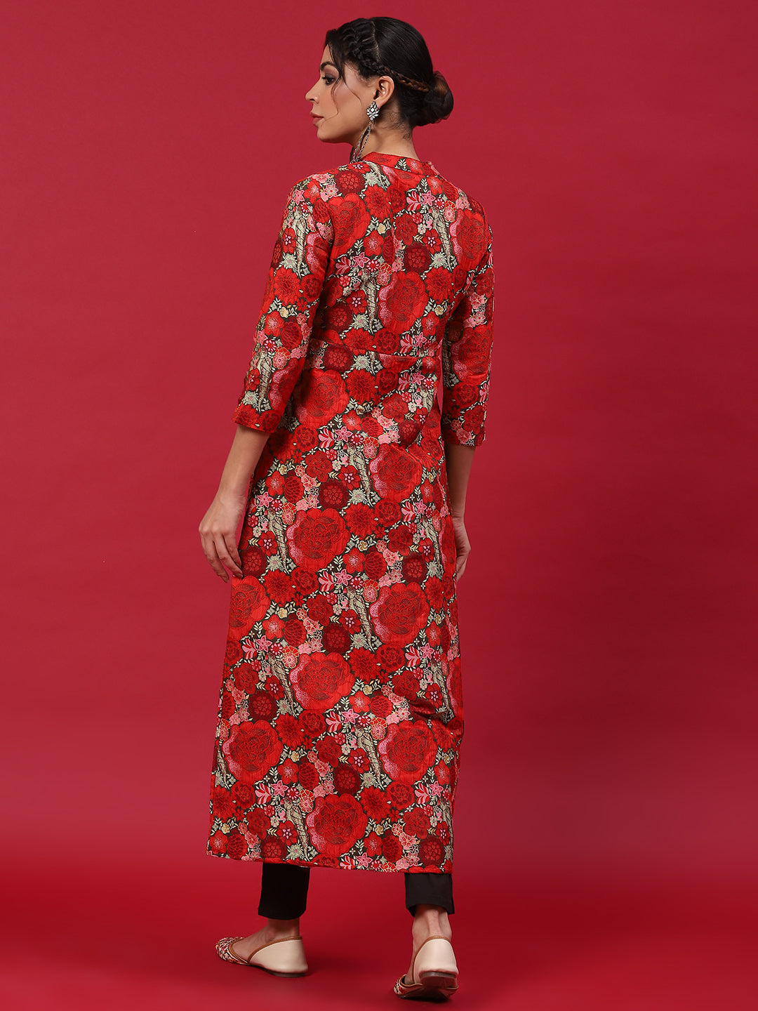 Red Floral Print A-Line Kurta - Elganza