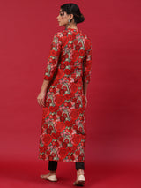 Red Floral Print A-Line Kurta - Elganza