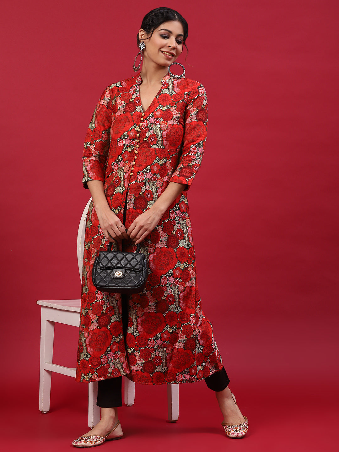 Red Floral Print A-Line Kurta - Elganza