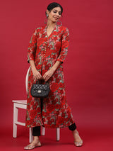 Red Floral Print A-Line Kurta - Elganza