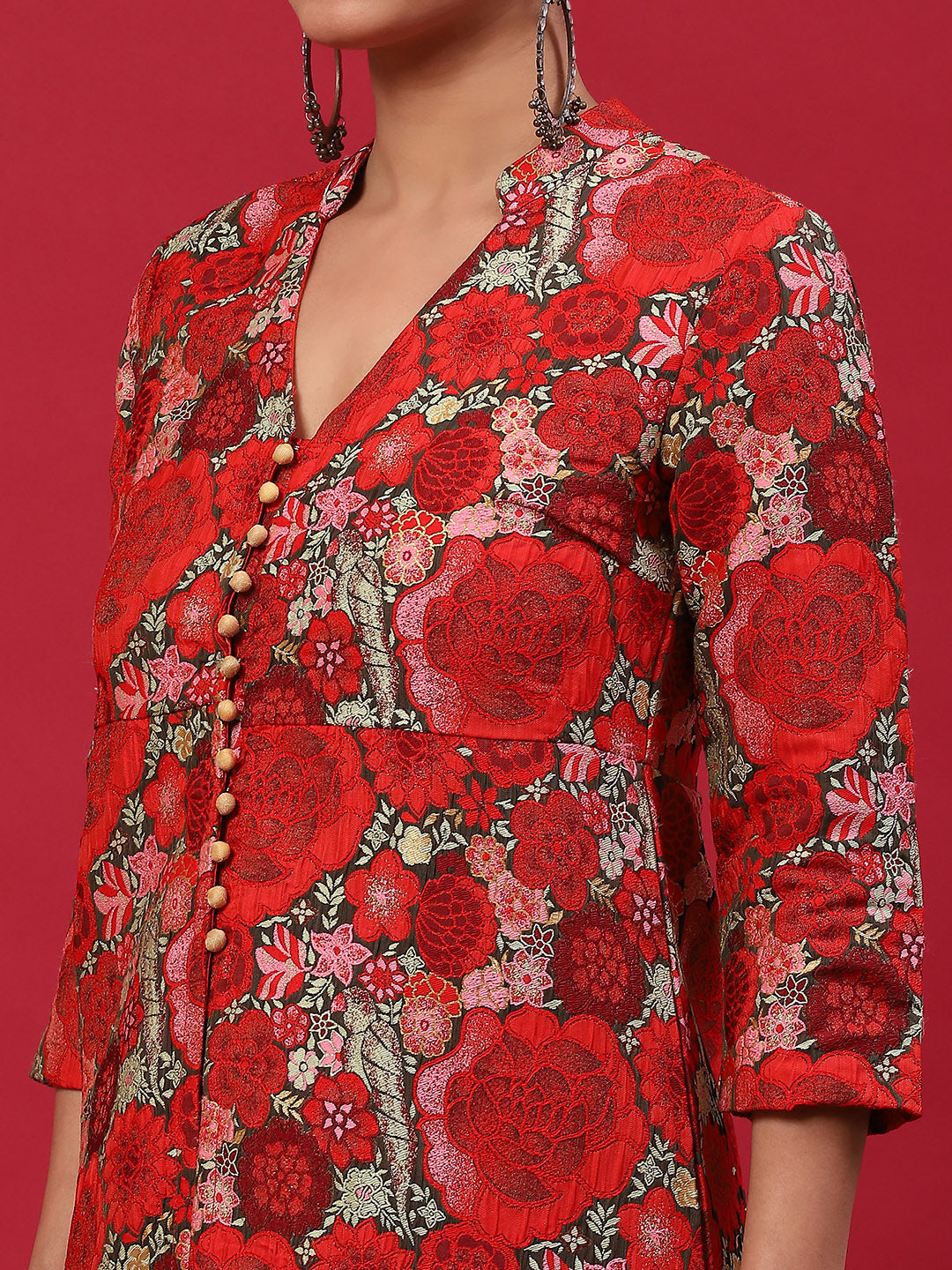 Red Floral Print A-Line Kurta - Elganza